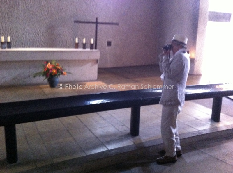 Photographer René Burri in Chapel of Ronchamp designed by Le Corbusier